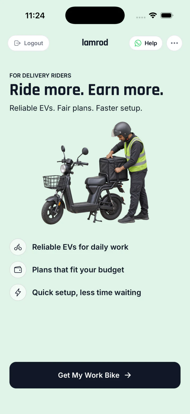 Lamrod EV rider app home screen showing delivery rider rental benefits and work bike signup