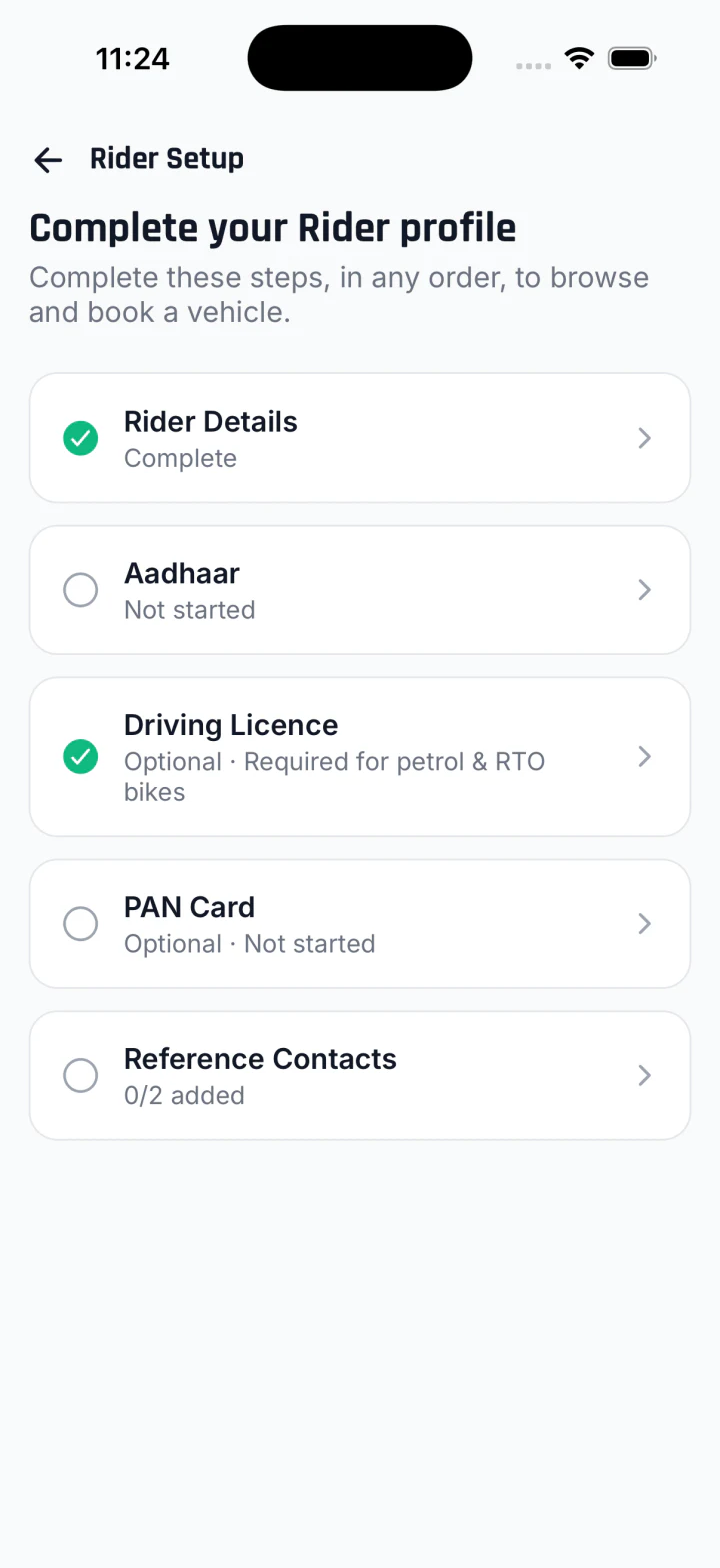 Lamrod EV rider app onboarding checklist for profile, identity, and work details