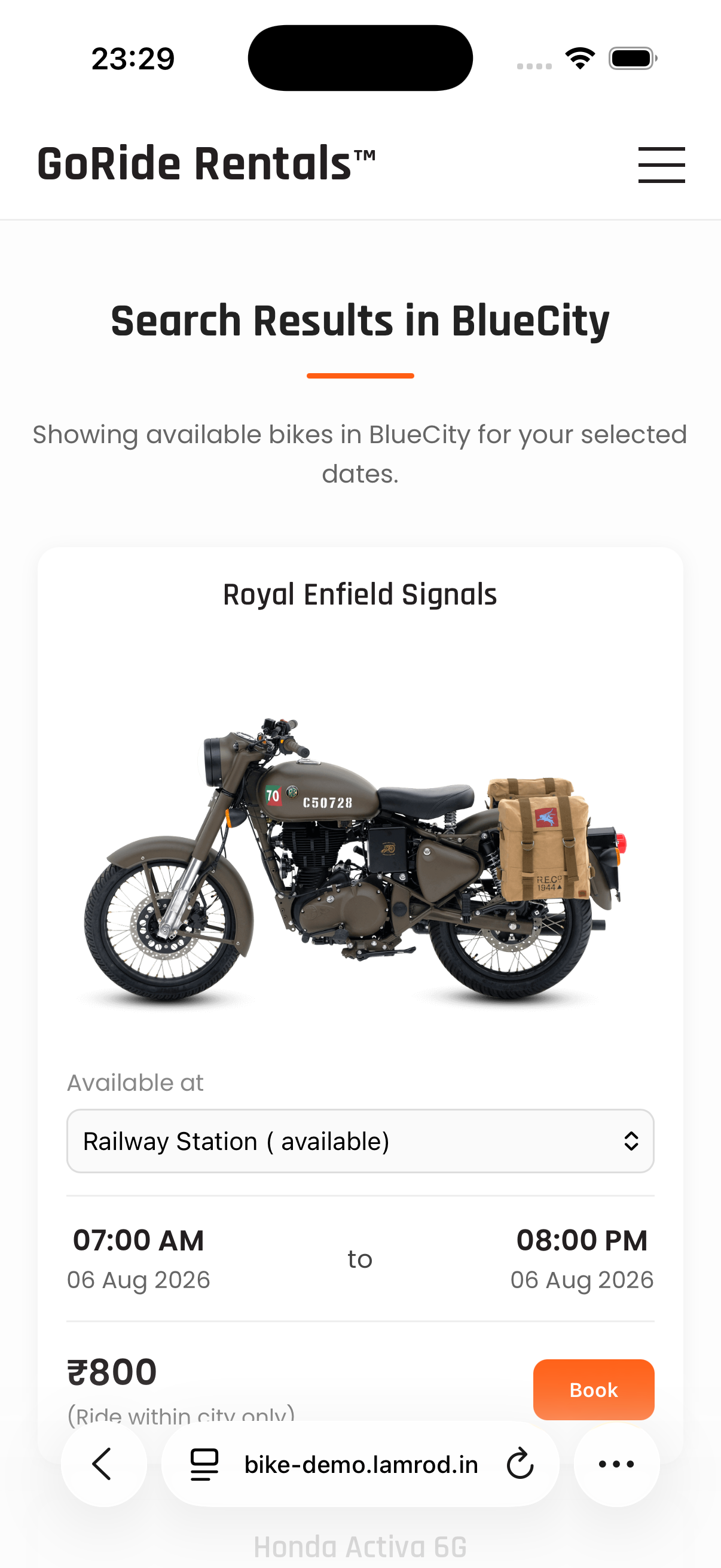 White-label bike rental website on iPhone showing available bike, pickup location, ride time, price, and book button